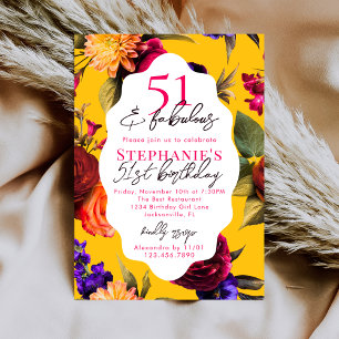 Convites Amarelo Floral 51 & Fabuloso Aniversário de 51 Ano