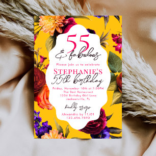 Convites Amarelo Floral 55 & Fabuloso Aniversário de 55 Ano