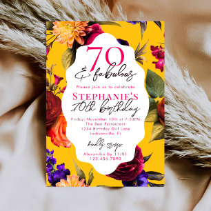 Convites Amarelo Floral 70 & Fabuloso Aniversário de 70 Ano