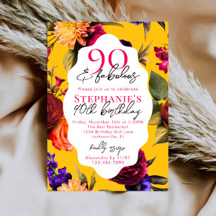 Convites Amarelo Floral 90 & Fabuloso Aniversário de 90 ano