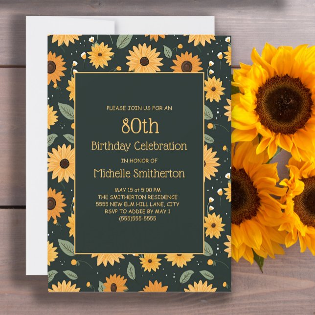 Convites Amarelo Girassóis 80 Negro Aniversário (Cute sunflowers on black 80th birthday party invitation for women.)