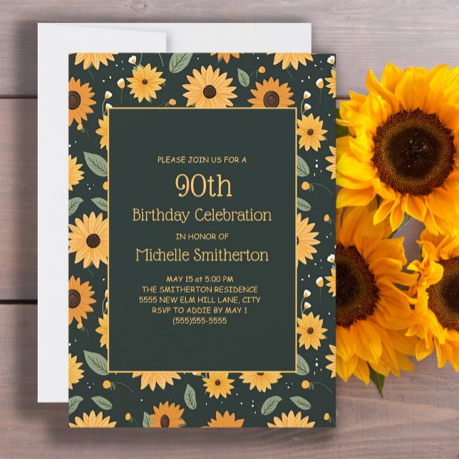 Convites Amarelo Girassóis 90 Negro Aniversário (Cute sunflowers on black 90th birthday party invitation for women. Customizable with your text.)