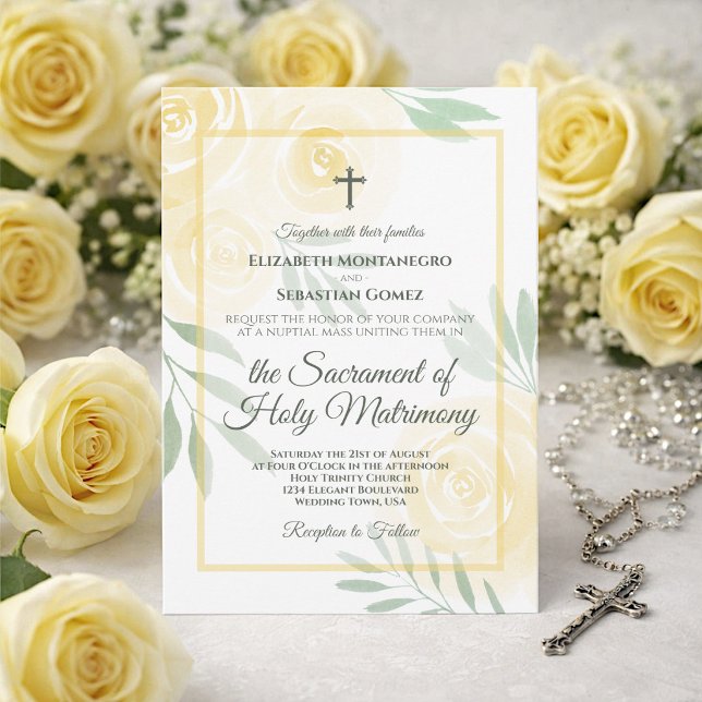 Convites Amarelo Manteiga Boho Chic Rosas Casamento Católic (Criador carregado)