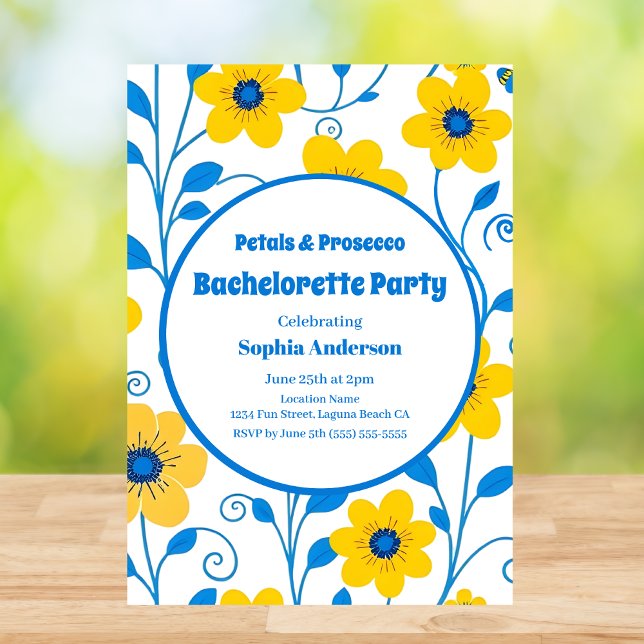 Convites Amarelo-Manteiga e Festa de solteira Azul (Butter Yellow and Blue Floral Bachelorette Party Invitation in White)