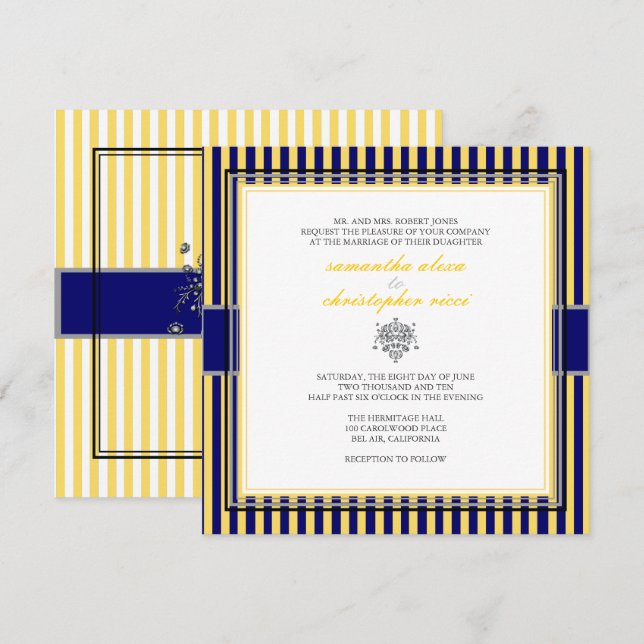 CONVITES AMARELO+MARINHO BLUE STRIPS WEDDING (Frente/Verso)