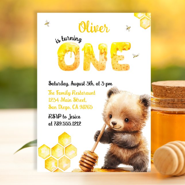 Convites Amarelo Mel Charme Urso Primeiro Aniversário (Criador carregado)