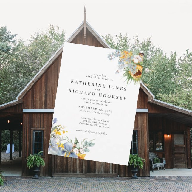 Convites Amarelo Moderno e Azul Floral Sem Casamento de Pai (Criador carregado)