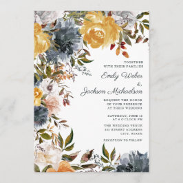 Convites Amarelo Mostarda Azul Marinho Aquarela Floral Casa