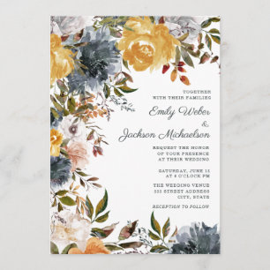 Convites Amarelo Mostarda Azul Marinho Aquarela Floral Casa