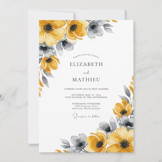 Convites Amarelo Mostarda Floral Casamento de Outono (Frente)