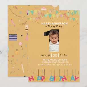 Convites Amarelo Mostarda Foto de 1º Aniversário, Grande Um