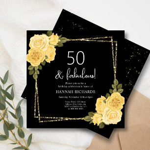 Convites Amarelo Negro e Dourado Floral 50º Aniversário