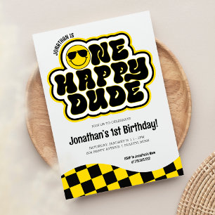 Convites Amarelo Preto Retro Um Cara Feliz Aniversário de 1