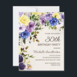 Convites Amarelo-púrpura aniversário de 30 anos Floral<br><div class="desc">Bonito púrpura e amarelo, aniversário de 30 anos botânico floral de cor d'água para mulheres. O texto é uma letra elegante do pincel de caligrafia e está alinhado no lado direito da placa. Este convite de aniversário é perfeito para a sua primavera ou celebração de verão. Entre em contato comigo...</div>