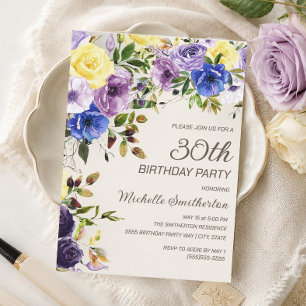 Convites Amarelo-púrpura aniversário de 30 anos Floral