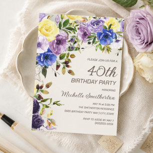 Convites Amarelo-púrpura aniversário de 40 anos Floral