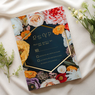 Convites Amarelo rosa azul marinho dourado floral RSVP de p