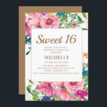 Convites Amarelo-rosa Dourado Brilhante Doce 16<br><div class="desc">Elegante Sweet 16 convite de aniversário para raparigas com bonito cor-de-rosa, azul e amarelo floral e dourado. Entre em contato com o designer para obter ajuda com a personalização ou para solicitar produtos correspondentes ou coordenadores. O texto deste cartão é completamente personalizável e pode ser projetado para uma festa que...</div>