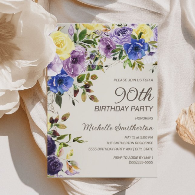 Convites Amarelo-roxo 90 Floral Aniversário (Purple and yellow watercolor floral 90th birthday party invitation)