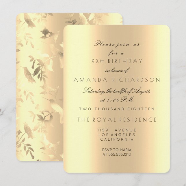 Convites Amarelo Sepia Dourado Birthday Humming bird Floral (Frente/Verso)
