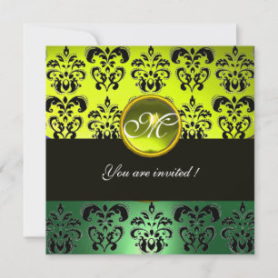 Convites AMARELO VERDE PRETO DAMASCO MONOGRAMA, topázio