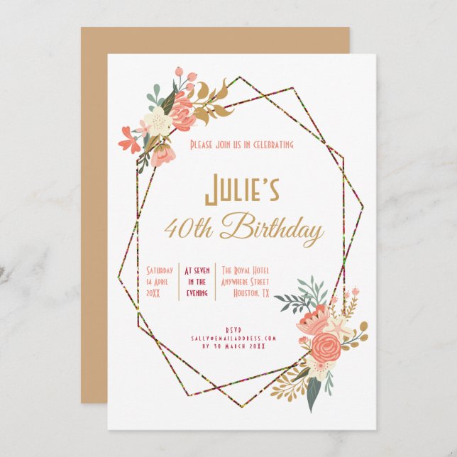 Convites Ambrose Coral Floral Frame aniversário de 40 anos (Frente/Verso)