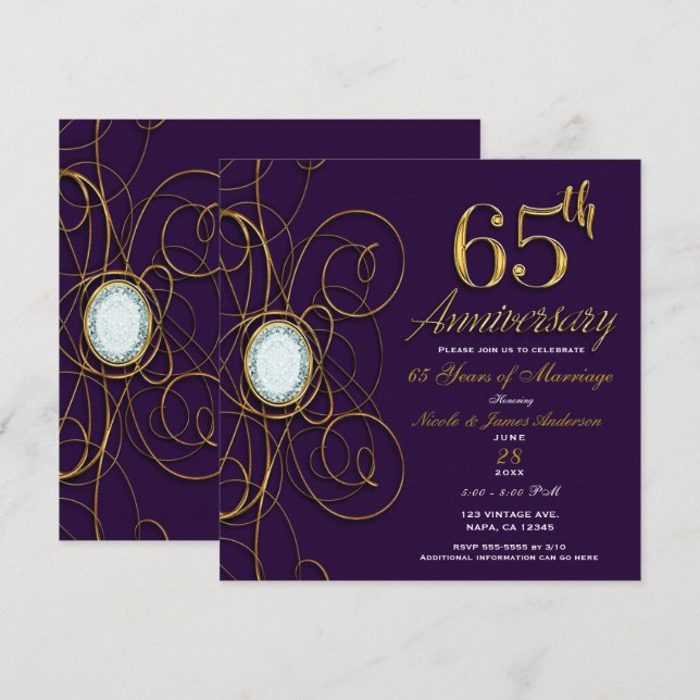 Convites Ameixa Roxo Real Diamante Dourado 65 65º Aniversár (Frente/Verso)