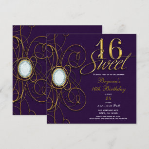 Convites Ameixa Roxo Real & Diamante Dourado Doce 16 Aniver