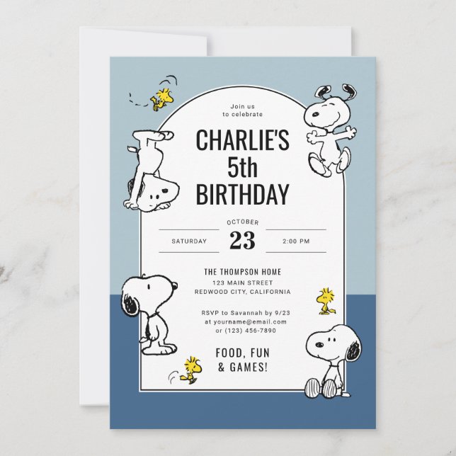 Convites Amendoins Snoopy & Woodstock Blue Aniversário (Frente)