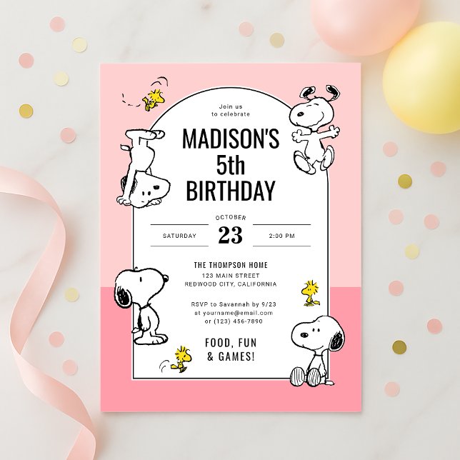 Convites Amendoins Snoopy & Woodstock Rosa Aniversário (Criador carregado)
