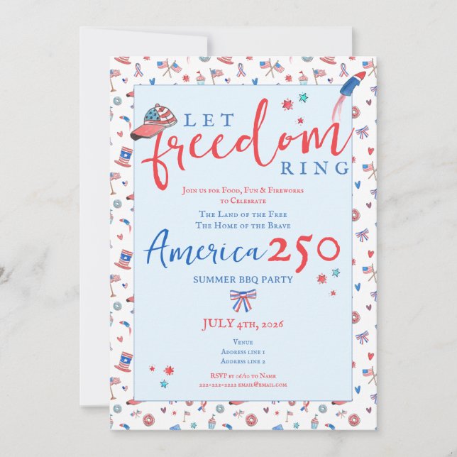Convites America 250 Patriotic Let Freedom Ring 4th of July (Frente)