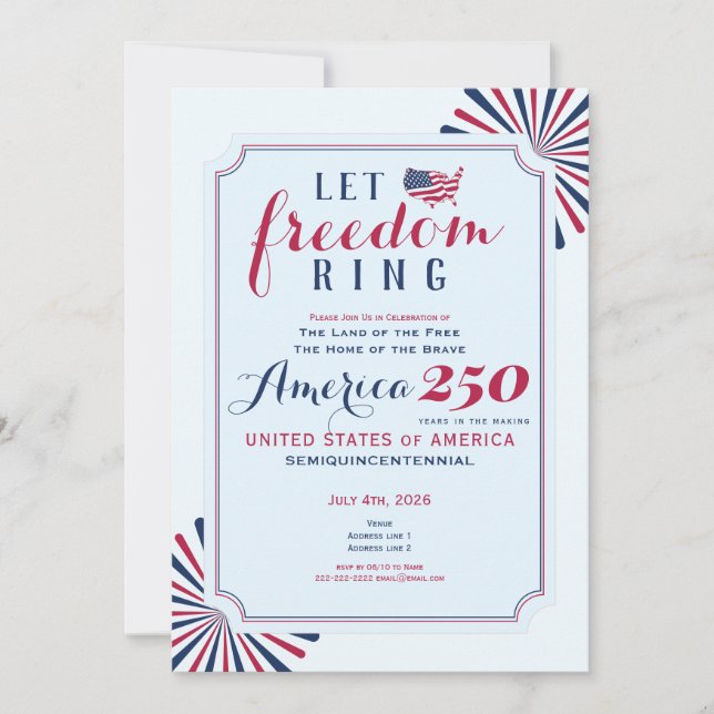 Convites America 250 Years US Anniversary Let Freedom Ring (Frente)