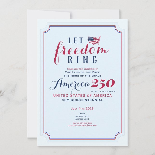 Convites America 250 Years USA Anniversary Let Freedom Ring (Frente)