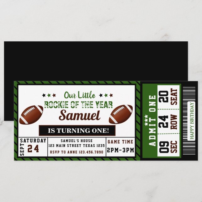 Convites American Football Roockie do ano de aniversário (Frente/Verso)