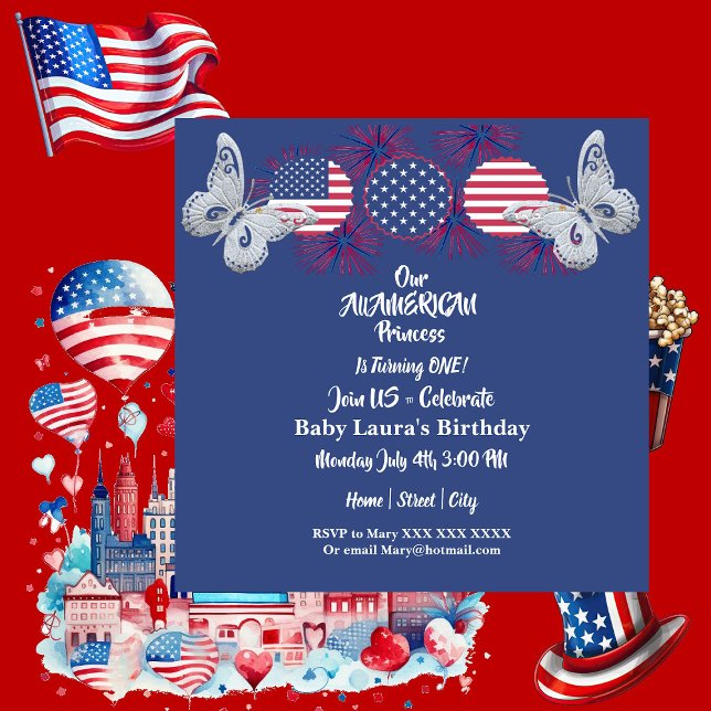 Convites American Princess Butterfly Stars Aniversário 4 de (American Princess Butterfly Stars Birthday 4 July Invitation)