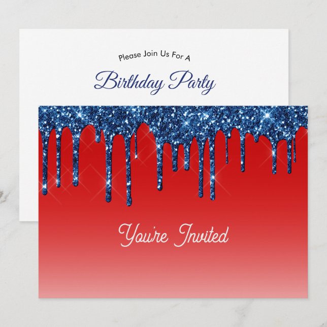 Convites Americana Red Blue Glitter Drip Birthday (Frente/Verso)