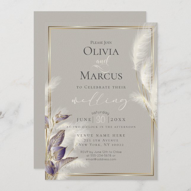 Convites Ametist Anthurium e Feathery Pampas Grass (Frente/Verso)