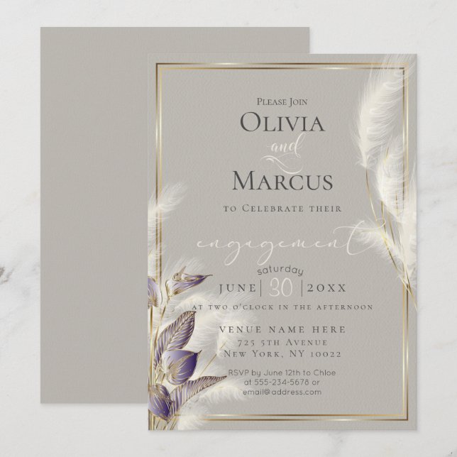 Convites Ametist Anthurium e Feathery Pampas Grass (Frente/Verso)