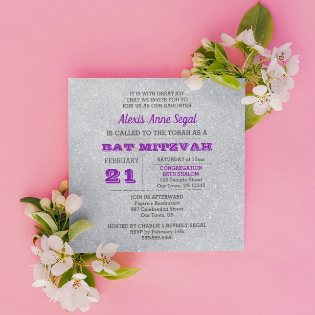 Convites Ametist e Silver Glitter Glam Bat Mitzvah (Criador carregado)