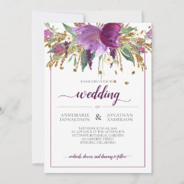 Convites Ametista Roxo e Casamento Dourado com Frame Floral