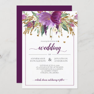 Convites Ametista Roxo e Casamento Dourado com Frame Floral