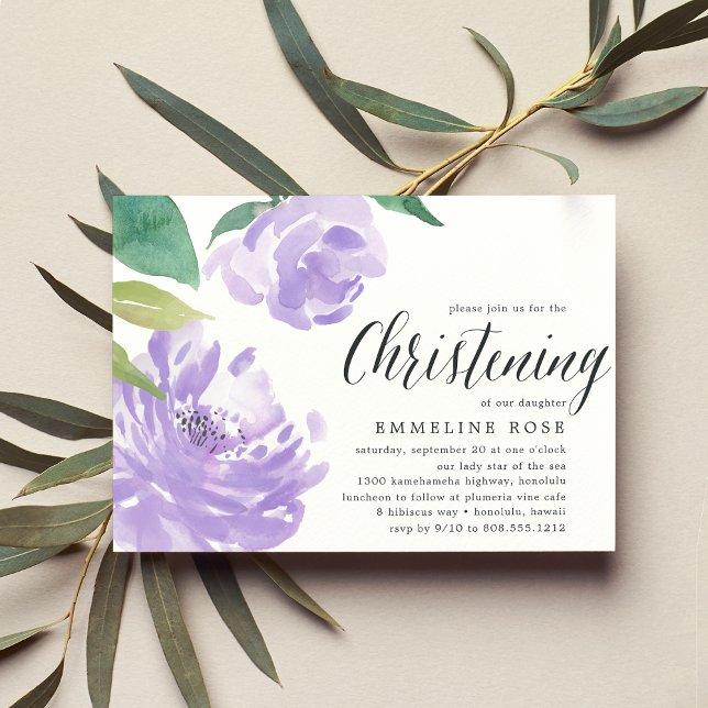 Convites Ametyst Peony | Watercolor Floral Christening (Criador carregado)