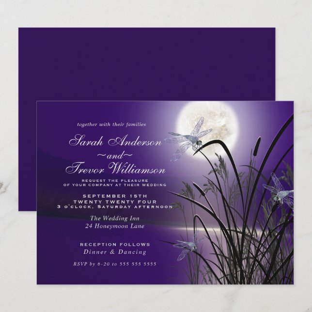 Convites Ametyst Wedding Full Moon Dragonfly Pond (Frente/Verso)