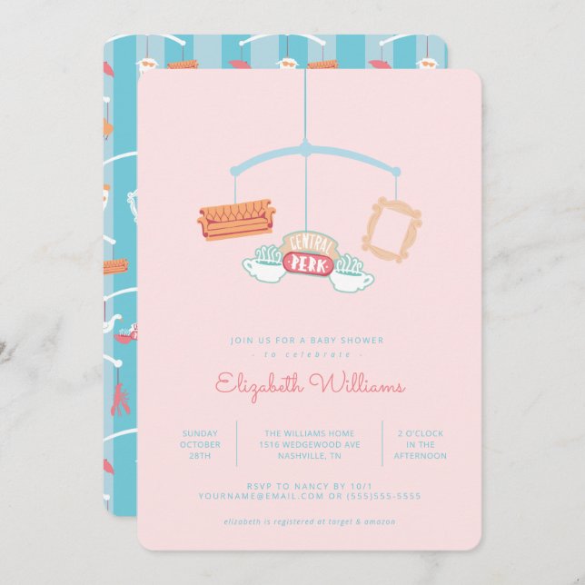 Convites AMIGOS™ | Chá de fraldas móvel Central Perk (Frente/Verso)