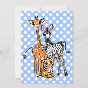 Convites Amigos Safari, girafa, zebra, tigre, polca azul