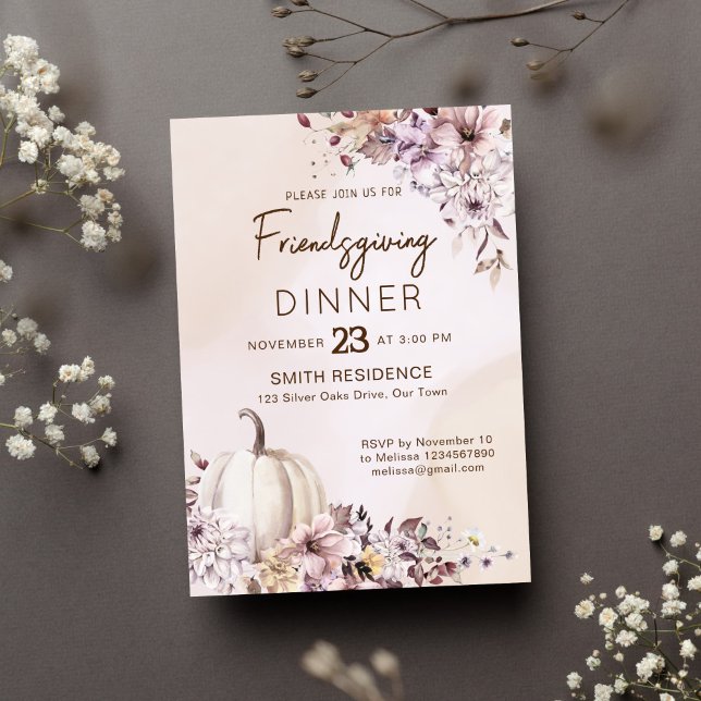 Convites Amizade Ação de Graças Abóboras de folhagem (Friendsgiving thanksgiving dinner party template invitation pastel brown watercolor pumpkin)