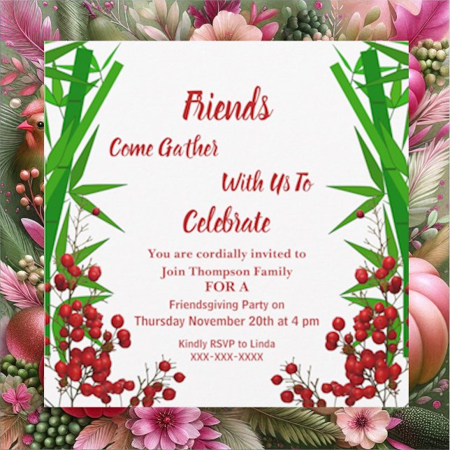 Convites Amizade outono outono Vermelho Berry Verde Bush (Friendsgiving Fall Autumn Red Berry Green Bush Invitation)