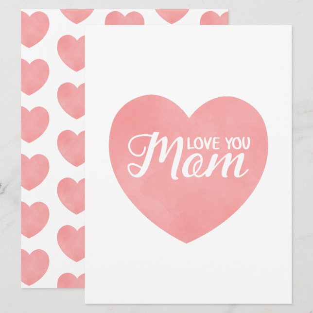 Convites Amo-te, mãe, dia de as mães de coração rosa (Frente/Verso)