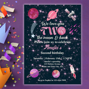 Convites Amo Você Dois À Lua Meninas Rosa 2º Aniversário