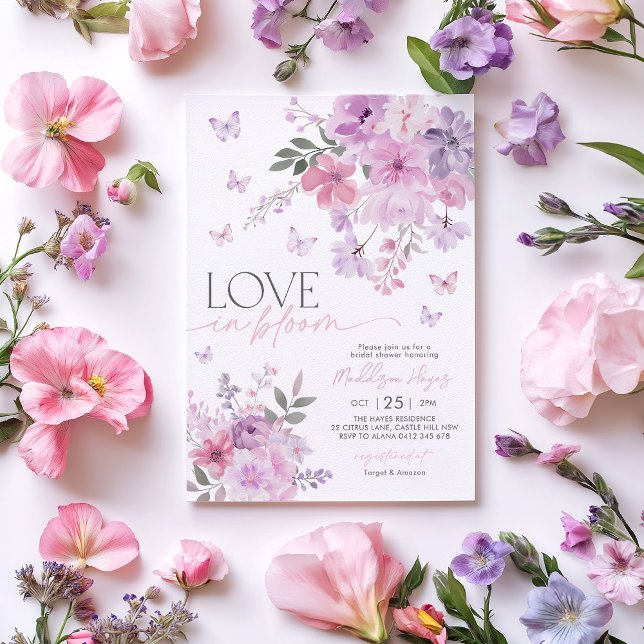Convites Amor a Borboleta Púrpura Floral Bloom Bridal (Love in Bloom | Pink purple flowers and butterflies Bridal Shower Invitation
)